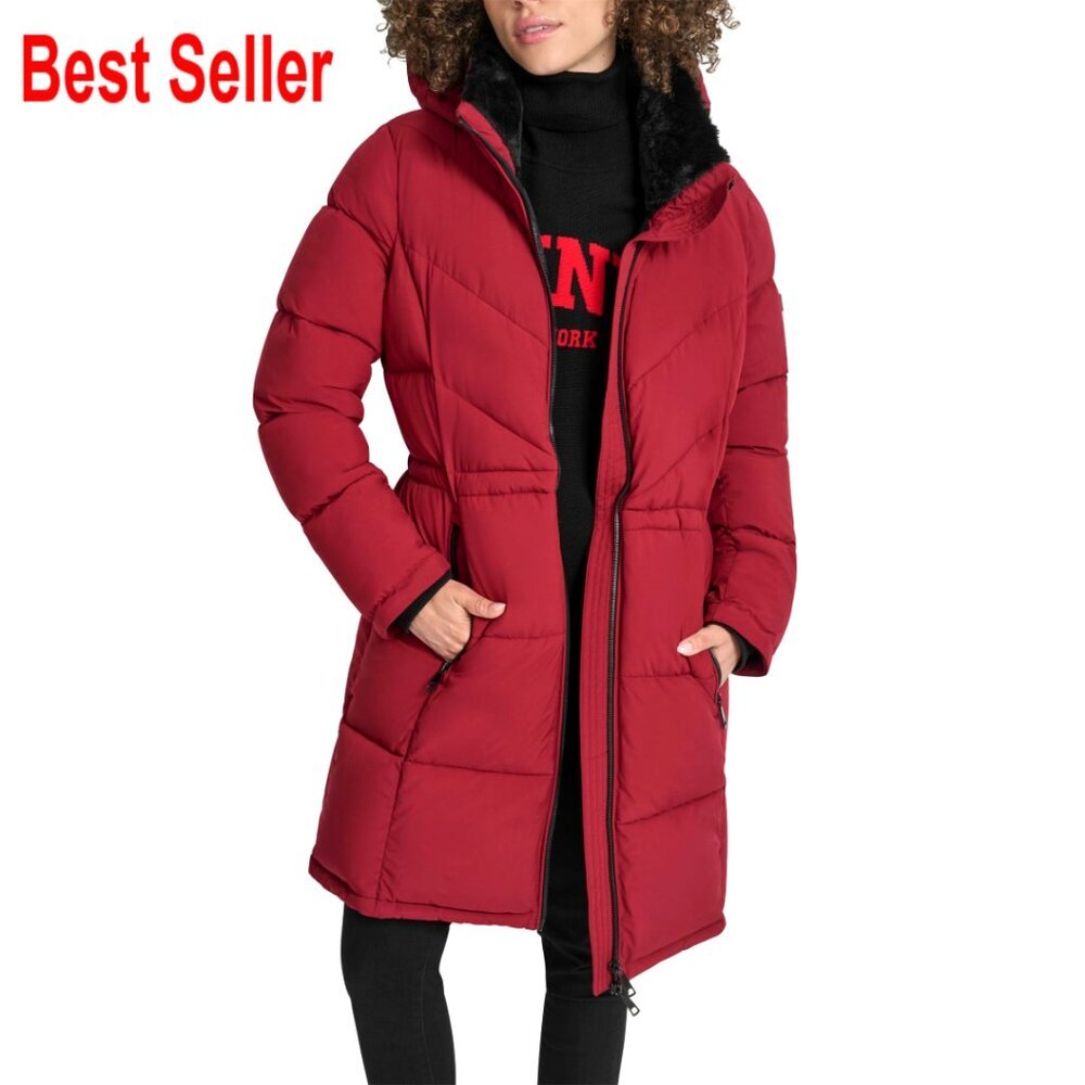 Walker Length Puffer Coat Hooded Quilted Winter Jacket Adjustable Drawcord Chic